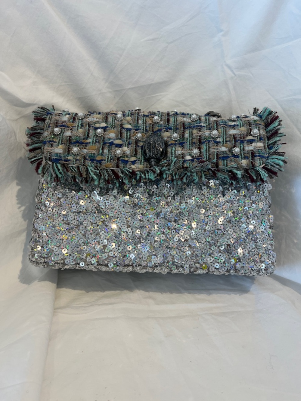 Kurt Geiger Silver Sequin Clutch with Multicolor Tweed Flap